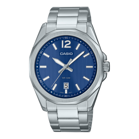 Casio MTP-E725D-2A men's stainless steel watch with blue dial and analog display