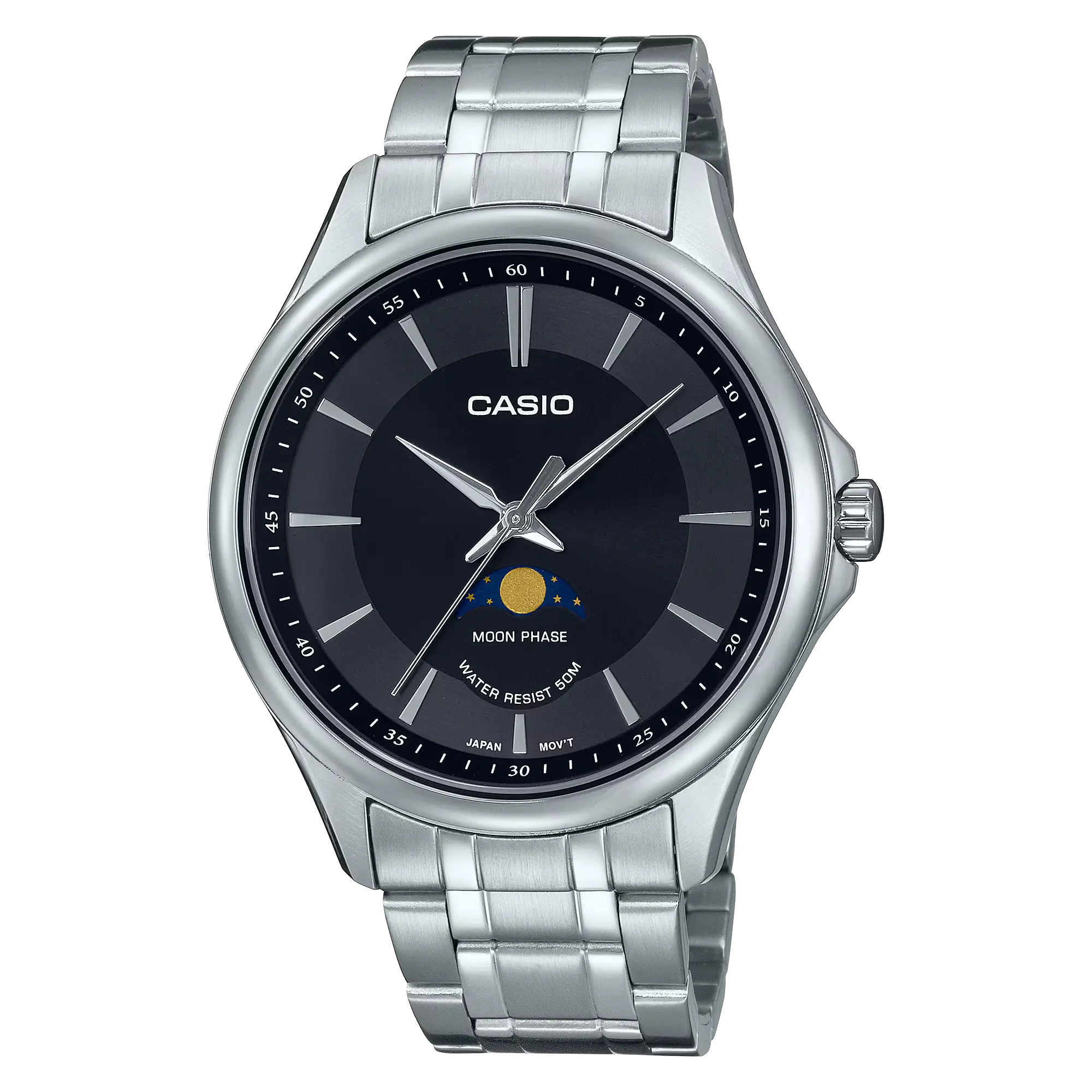 Casio MTP-M100D-1A men’s stainless steel watch with black dial and silver bracelet