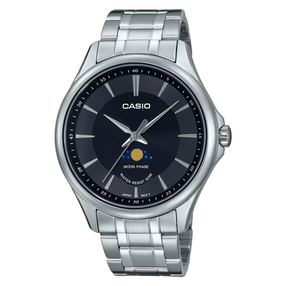 Casio MTP-M100D-1A men’s stainless steel watch with black dial and silver bracelet