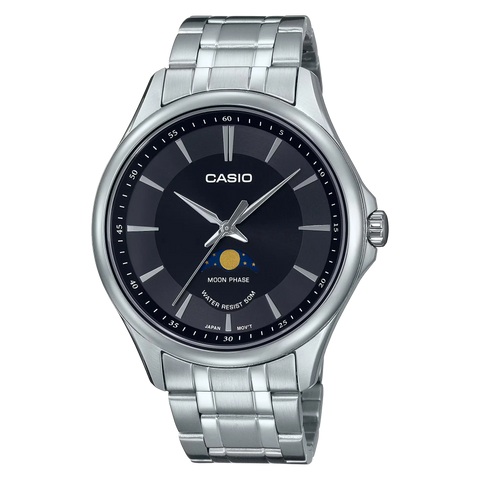 Casio MTP-M100D-1A men’s stainless steel watch with black dial and silver bracelet