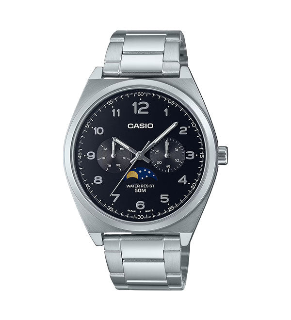 Casio MTP-M300D-1A watch with a black dial, silver stainless steel bracelet, and three sub-dials including moon phase. Main image