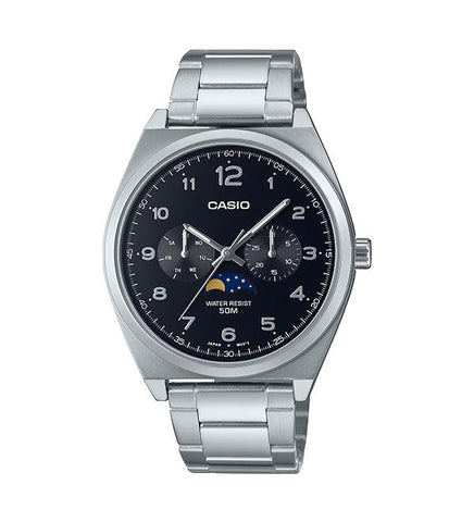 Casio MTP-M300D-1A watch with a black dial, silver stainless steel bracelet, and three sub-dials including moon phase.