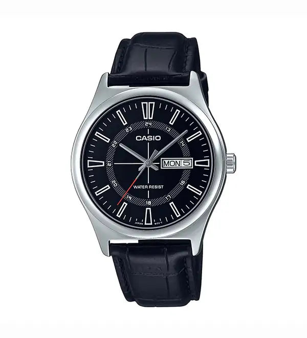 Casio MTP-V006L-1C Men's Quartz Watch with Sleek Black Dial and Leather Band. Main image
