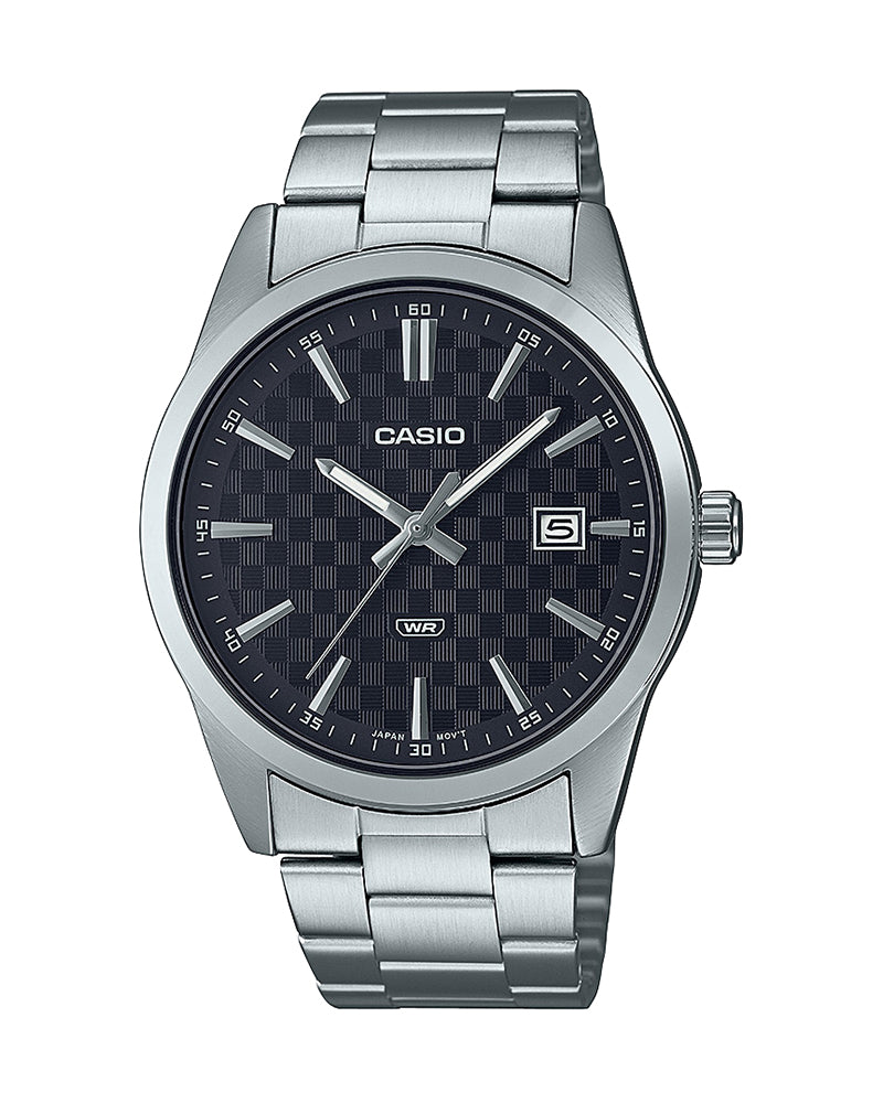 Casio MTP-VD03D-1A men’s stainless steel analog wrist watch with black dial and silver strap Main image