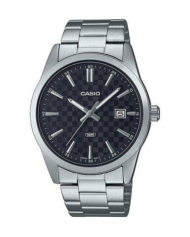 Casio MTP-VD03D-1A men’s stainless steel analog wrist watch with black dial and silver strap
