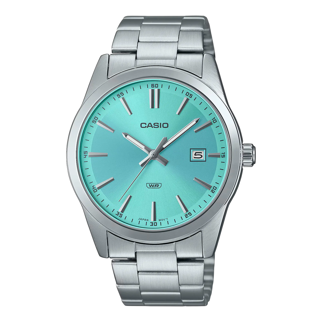 Casio General Men's Watch MTP-VD03D-2A3 with a sleek silver metal strap, blue dial, and analog display.