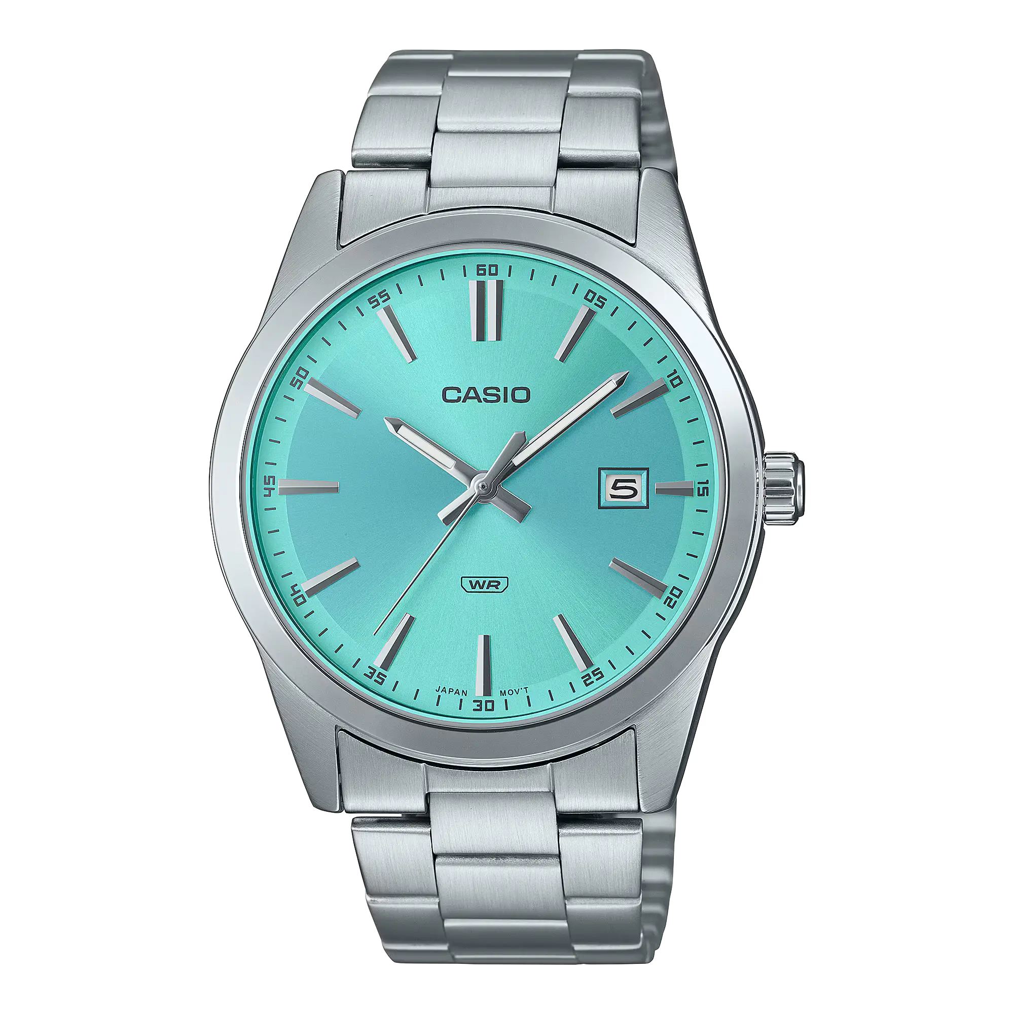 Casio General Men's Watch MTP-VD03D-2A3 with a sleek silver metal strap, blue dial, and analog display. Main image