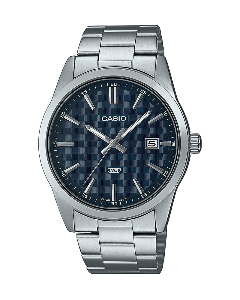 Casio General Men's Watch MTP-VD03D-2A, stainless steel band, blue dial, analog display.