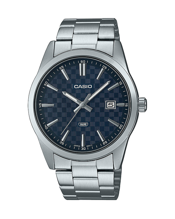 Casio General Men's Watch MTP-VD03D-2A, stainless steel band, blue dial, analog display.