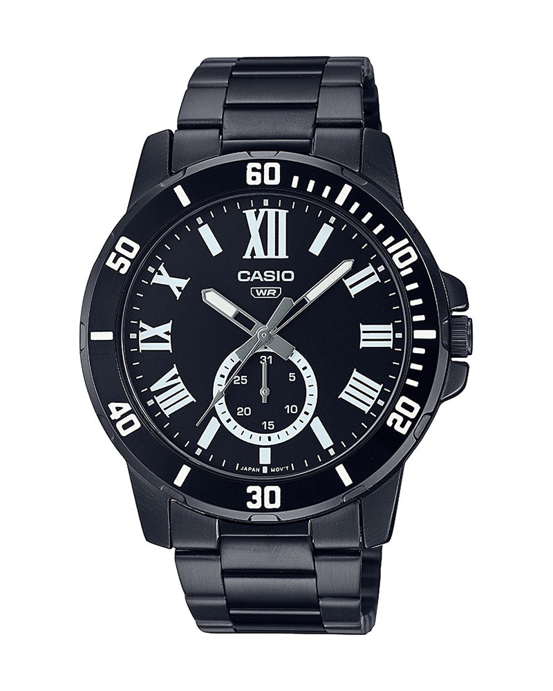Casio General Men's Watch – MTP-VD200B-1B, featuring a sleek black dial with luminous hands and markers, encased in stainless steel, and paired with a durable black strap.