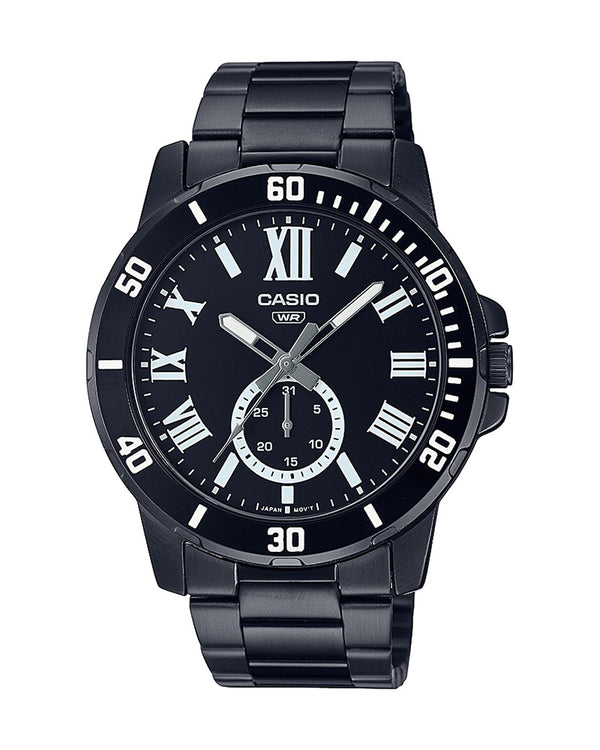 Casio General Men's Watch – MTP-VD200B-1B, featuring a sleek black dial with luminous hands and markers, encased in stainless steel, and paired with a durable black strap.