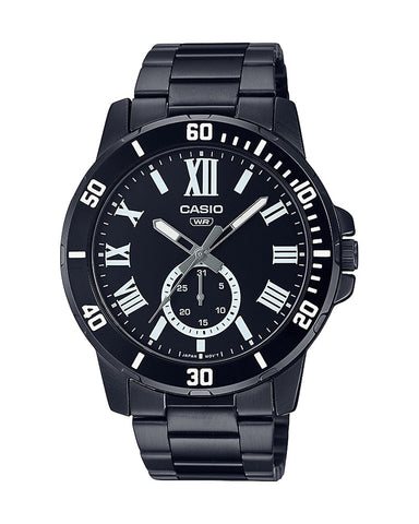 Casio General Men's Watch – MTP-VD200B-1B, featuring a sleek black dial with luminous hands and markers, encased in stainless steel, and paired with a durable black strap.