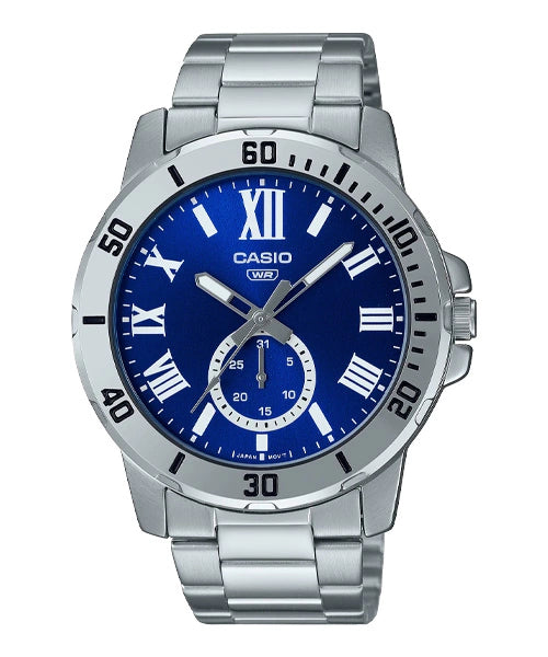 Casio General Men's Watch MTP-VD200D-2B, silver metal band with a blue dial, durable design, and classic style. Main image