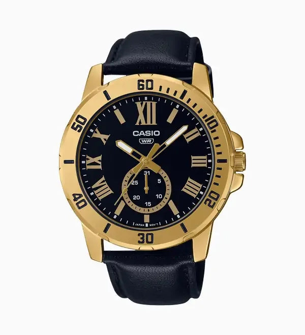 Casio MTP-VD200GL-1B watch with a gold-tone case, black dial, and black leather strap. Main image