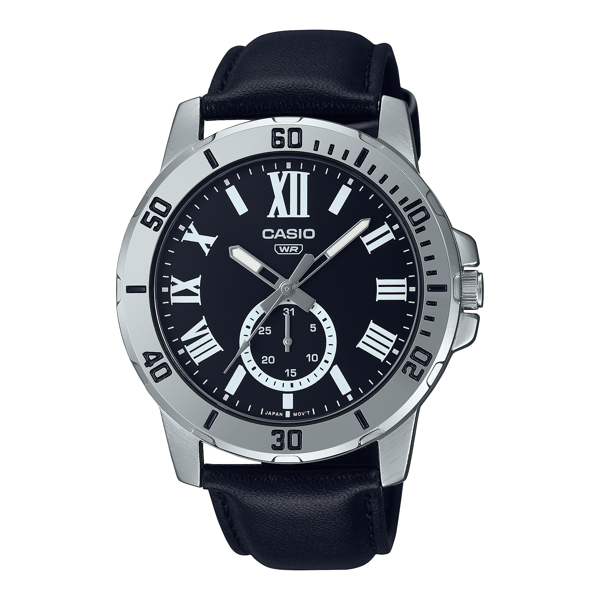 Casio MTP-V200L-1B minimalist watch with a black dial and black leather strap. Main image