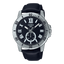 Casio MTP-V200L-1B minimalist watch with a black dial and black leather strap.