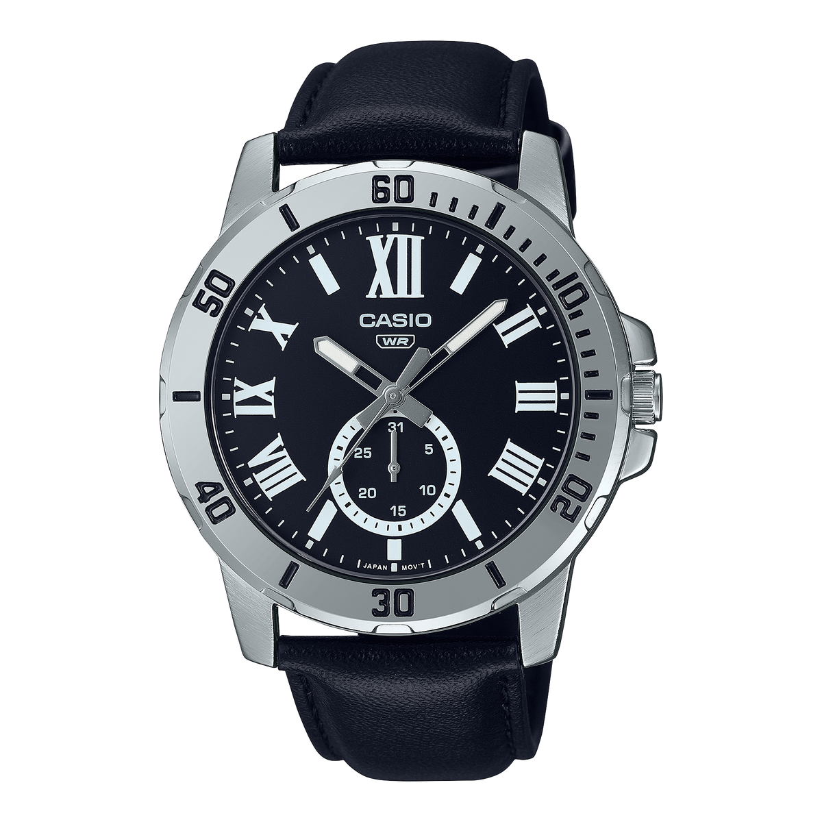 Casio MTP-V200L-1B minimalist watch with a black dial and black leather strap.