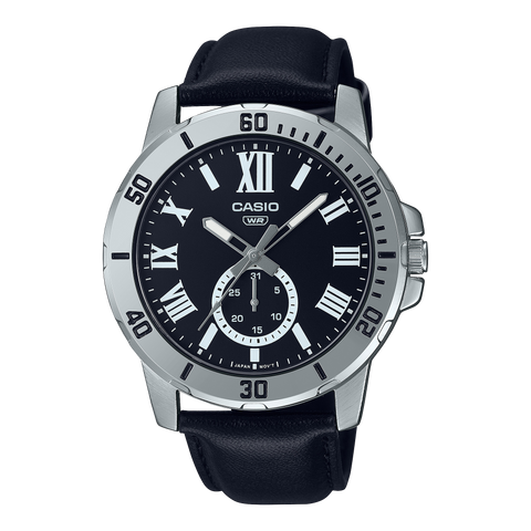 Casio MTP-V200L-1B minimalist watch with a black dial and black leather strap.