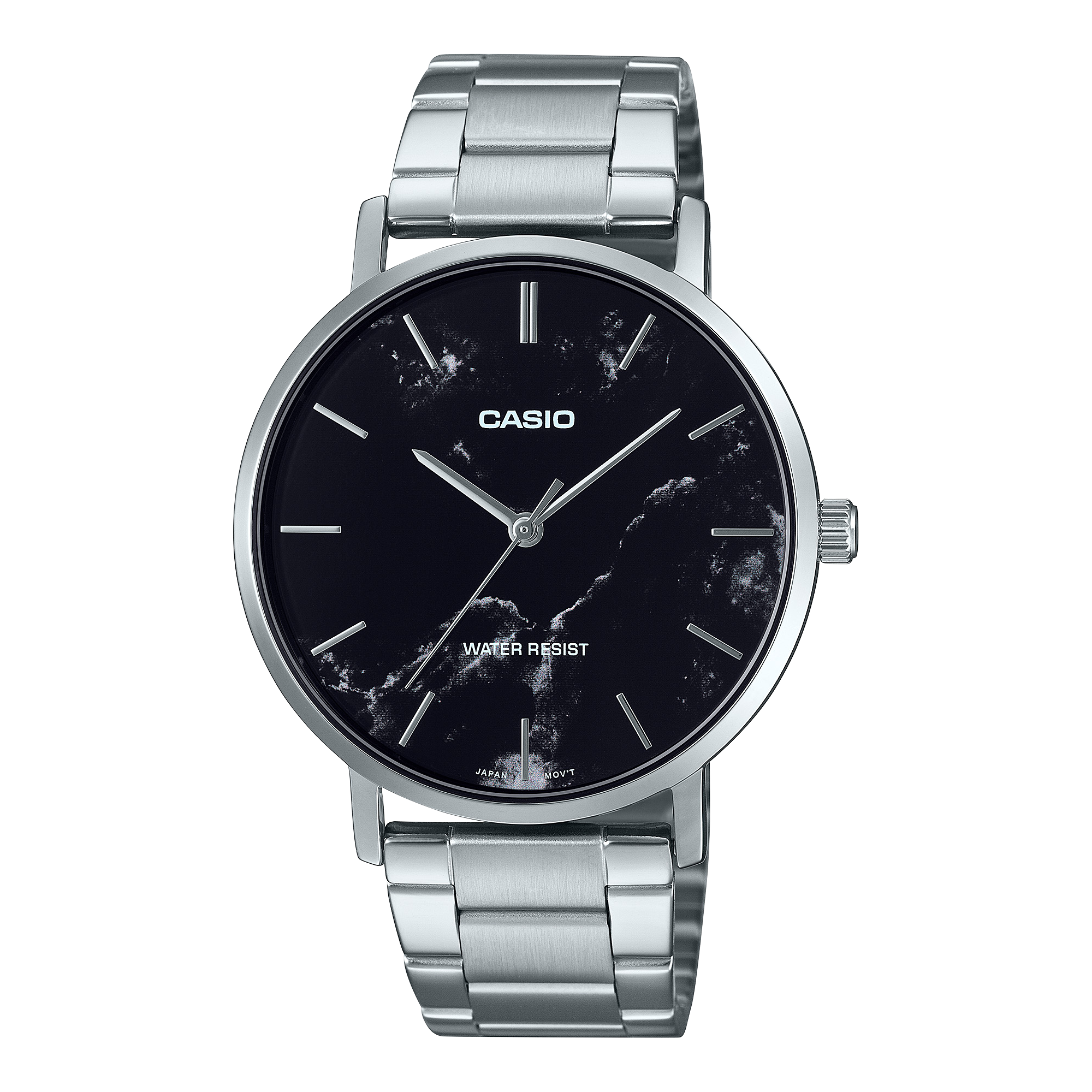 Casio MTP-VT01DM-1A minimalist watch featuring a black dial and stainless steel mesh bracelet. Main image