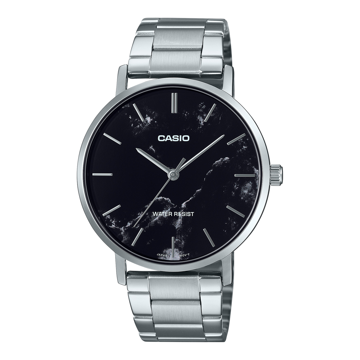 Casio MTP-VT01DM-1A minimalist watch featuring a black dial and stainless steel mesh bracelet.