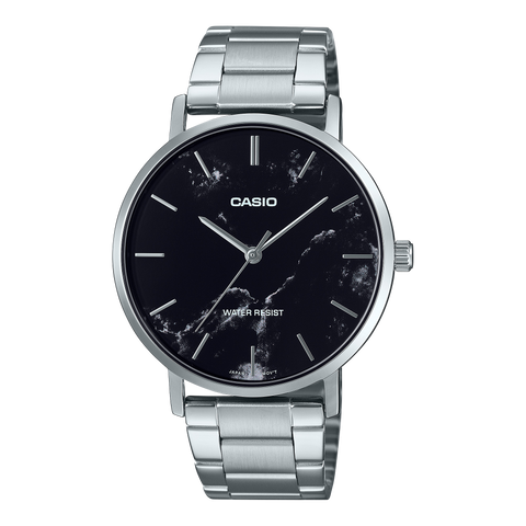 Casio MTP-VT01DM-1A minimalist watch featuring a black dial and stainless steel mesh bracelet.