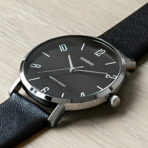 Casio - MTP-VT01L-1B2UDF Men's Minimalistic Black Dial Black Leather Band Analog Watch