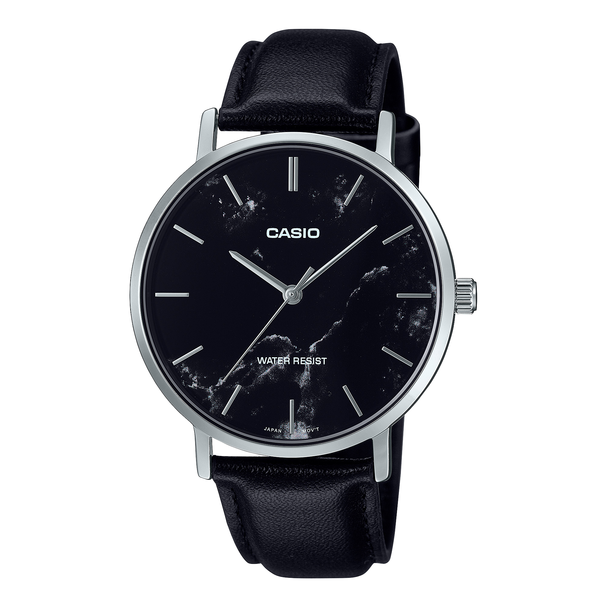Casio MTP-VT01LM-1A watch with a polished gold-tone case, black dial, and black leather strap.