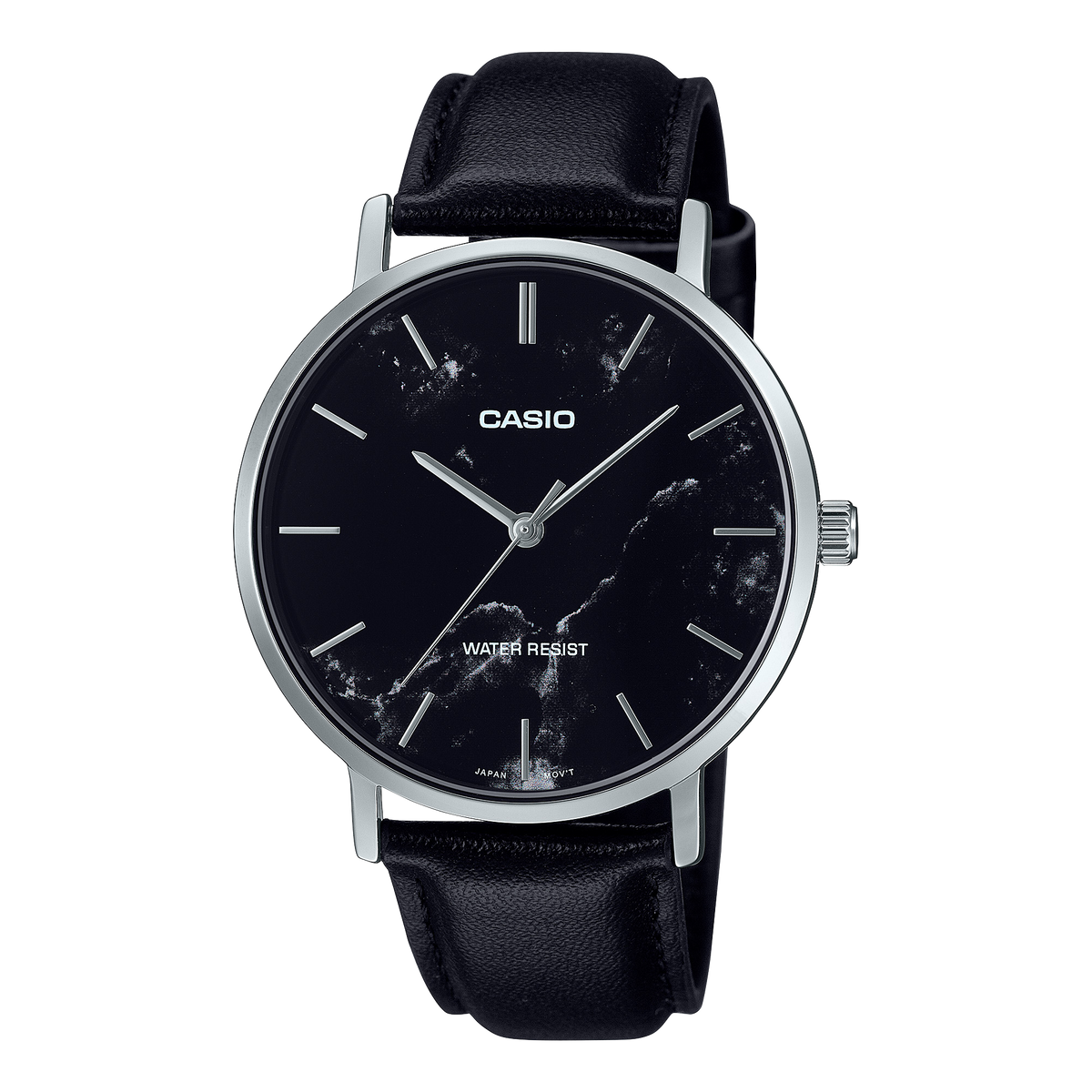 Casio MTP-VT01LM-1A watch with a polished gold-tone case, black dial, and black leather strap.