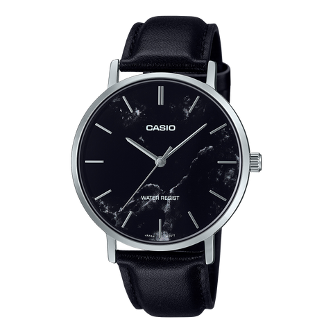 Casio MTP-VT01LM-1A watch with a polished gold-tone case, black dial, and black leather strap.