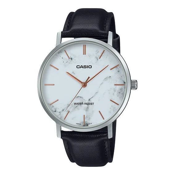 Casio MTP-VT01LM-7A dress watch with a gold-tone case, silver sunray dial, and black leather strap. Main image