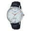 Casio MTP-VT01LM-7A dress watch with a gold-tone case, silver sunray dial, and black leather strap.