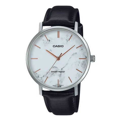 Casio MTP-VT01LM-7A dress watch with a gold-tone case, silver sunray dial, and black leather strap.