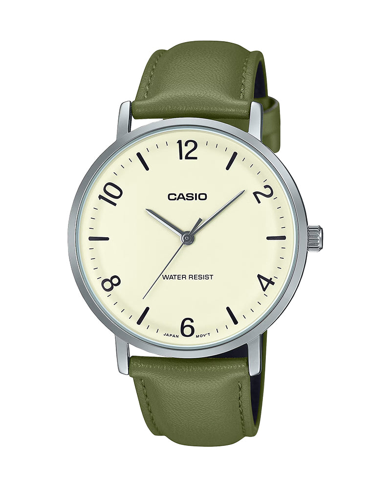 Casio MTP-VT03L-7B men’s minimalist analog wrist watch with white dial and black leather strap Main image