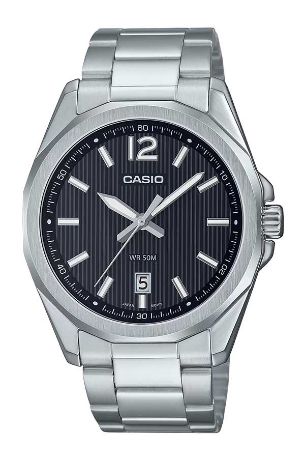 Casio MTP-E725D-1A black dial stainless steel men’s watch front view Main image