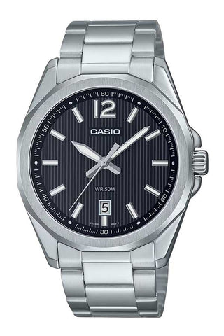 Casio MTP-E725D-1A black dial stainless steel men’s watch front view