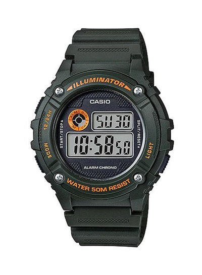 Black Casio digital watch with orange accents on a white background