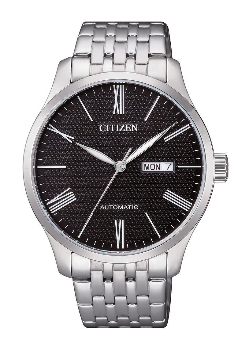 Citizen NH8350-59E automatic men's watch with black dial, stainless steel bracelet, silver-tone case, and day-date display