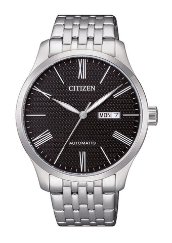 Citizen NH8350-59E automatic men's watch with black dial, stainless steel bracelet, silver-tone case, and day-date display