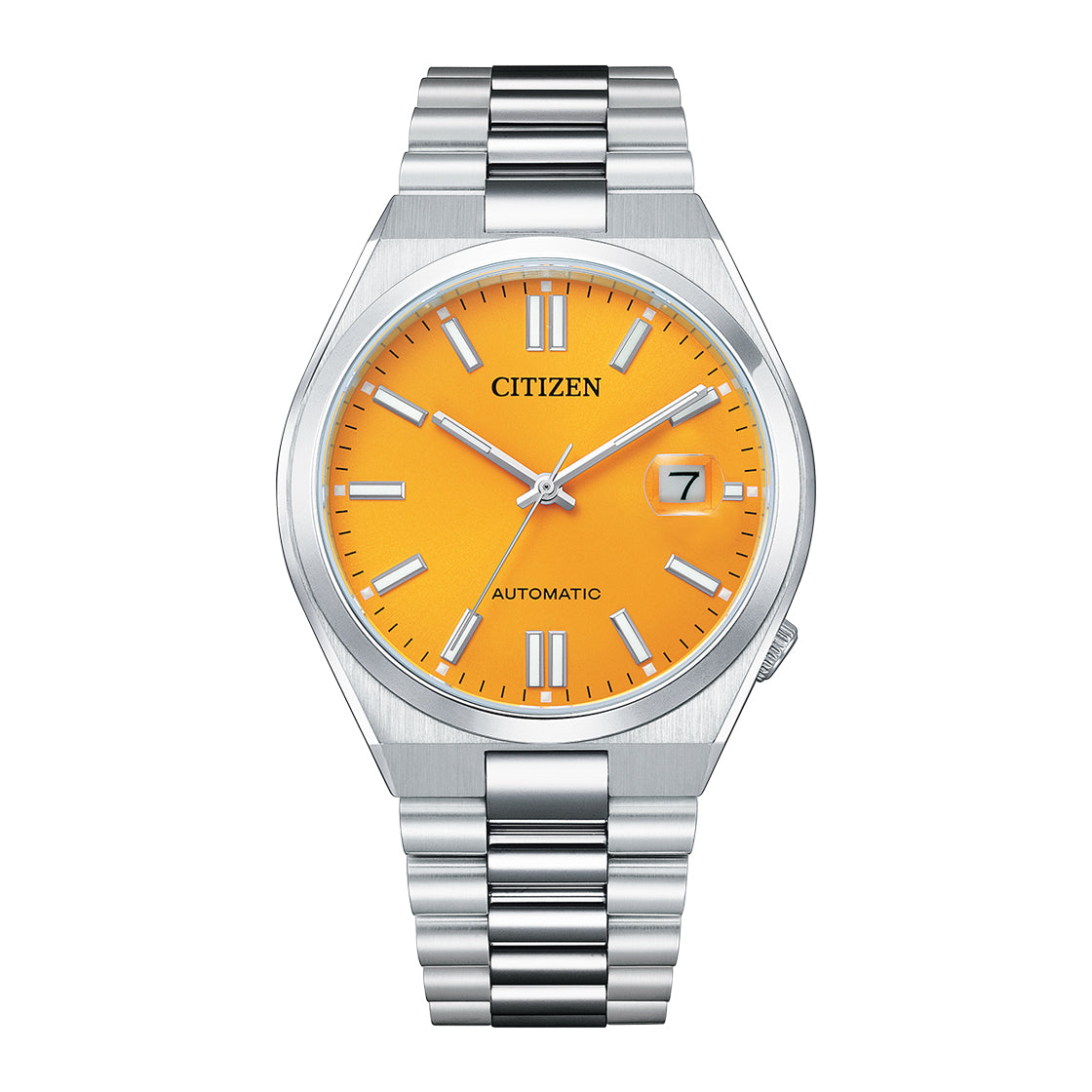 Men’s Citizen NJ0150-81Z automatic stainless steel watch with vibrant orange dial, silver bracelet strap, analog display, and date window for stylish everyday wear Main image