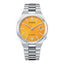 Men’s Citizen NJ0150-81Z automatic stainless steel watch with vibrant orange dial, silver bracelet strap, analog display, and date window for stylish everyday wear
