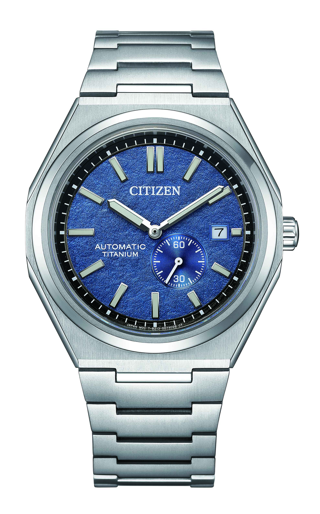 Citizen NJ0180-80L featuring a textured blue dial, silver-tone stainless steel bracelet, automatic movement, and date display for everyday and formal wear.
