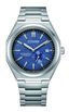 Citizen NJ0180-80L featuring a textured blue dial, silver-tone stainless steel bracelet, automatic movement, and date display for everyday and formal wear.