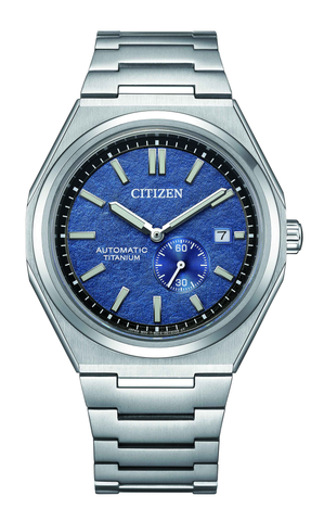 Citizen NJ0180-80L featuring a textured blue dial, silver-tone stainless steel bracelet, automatic movement, and date display for everyday and formal wear.