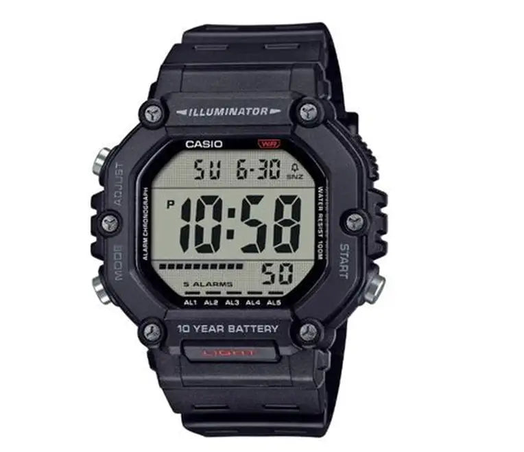 Casio AE-1600H-1A black digital sports watch with resin strap, large display, LED light, and 100M water resistance for men Main image