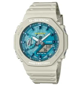 Casio G-Shock GA-2100AS-5A men's beige analog digital resin strap watch with blue-green dial