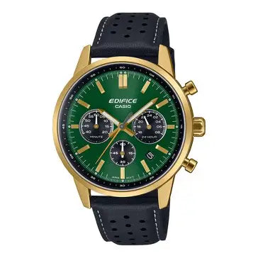 Casio Edifice EFR-575CL-3A men's green sunburst dial gold-tone chronograph leather strap watch