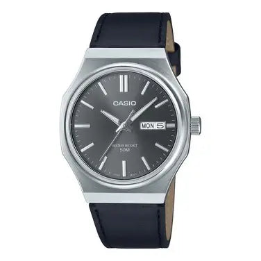 Casio MTP-E735L-8AVDF men’s analog watch with silver octagonal stainless steel case, grey dial, black genuine leather strap, day and date display, and 50M water resistance. Main image