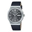 Casio MTP-E735L-8AVDF men’s analog watch with silver octagonal stainless steel case, grey dial, black genuine leather strap, day and date display, and 50M water resistance.