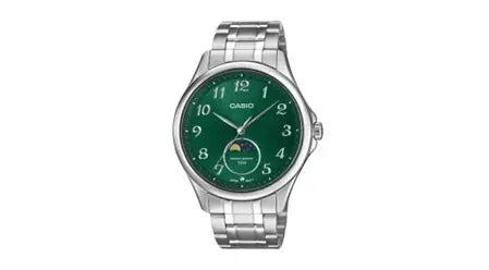 Casio MTP-M110D-3A men’s analog watch with stainless steel band, silver dial, and date display in elegant minimalist design