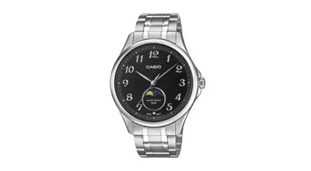 Casio MTP-M110D-1AV men’s stainless steel analog watch with black dial, moon phase display, silver bracelet, and water-resistant design